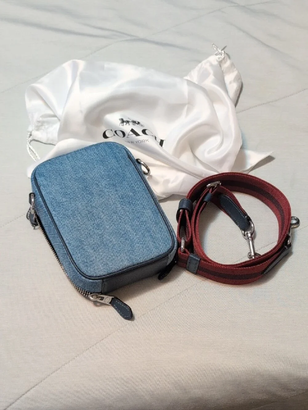 Coach Stanton Light Blue Denim Crossbody with Burgundy Strap